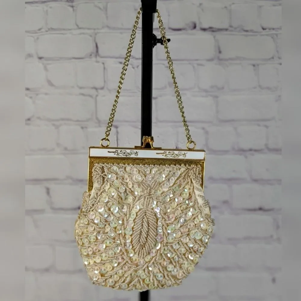 Vintage Hand Beaded Sequin Ivory Clutch Evening Purse by Laura